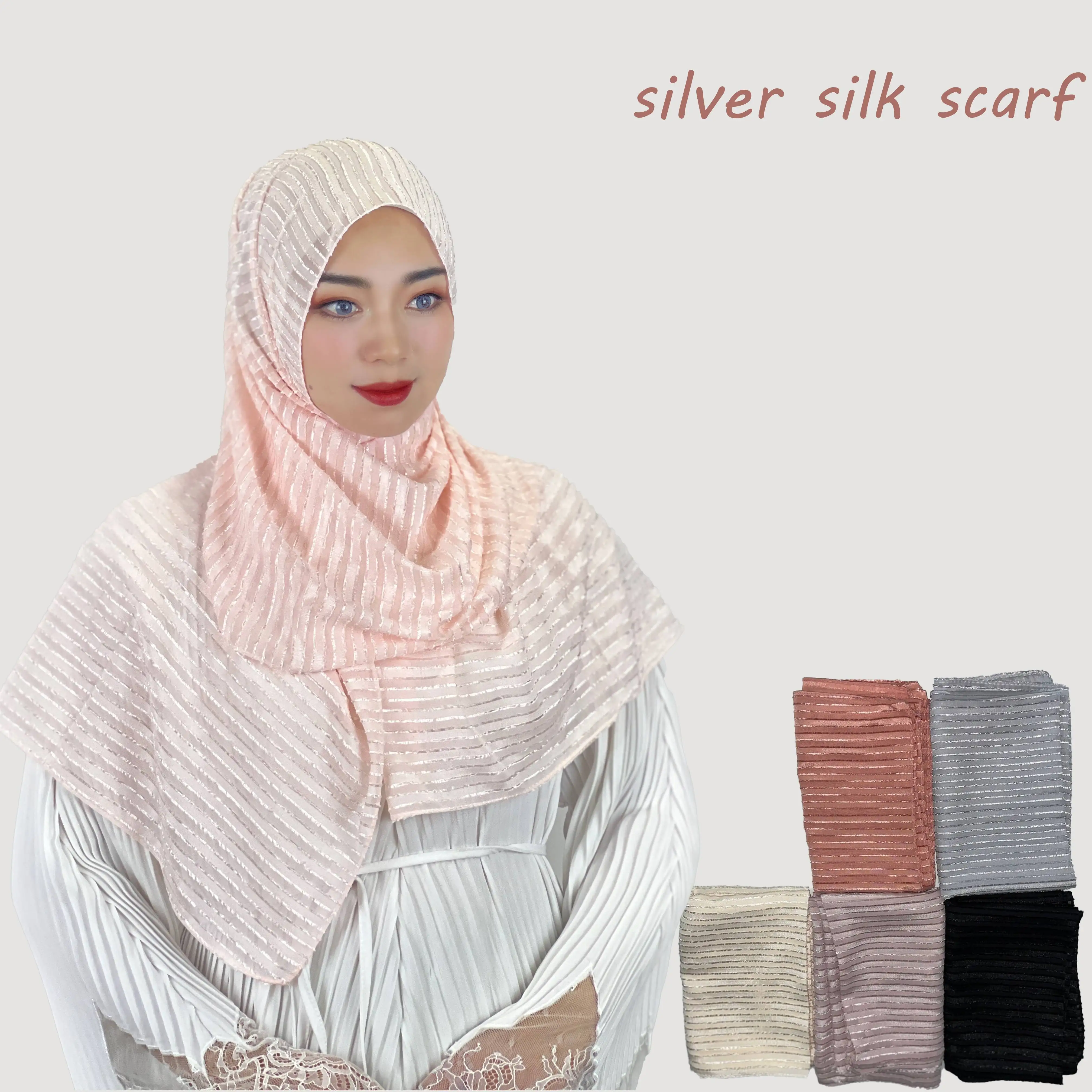 

Thin Scarf Solid Color Turban Simple Striped Satin Scarf Women Travel Sunscreen Beach Scarf Shawl Turban Silver Silk