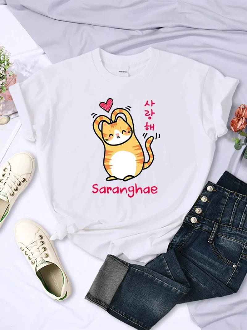 Camiseta de manga corta de Hip Hop para mujer, camiseta divertida de gran tamaño transpirable, top A Heart Little Orange Cat, bonita camiseta de dibujos animados para mujer