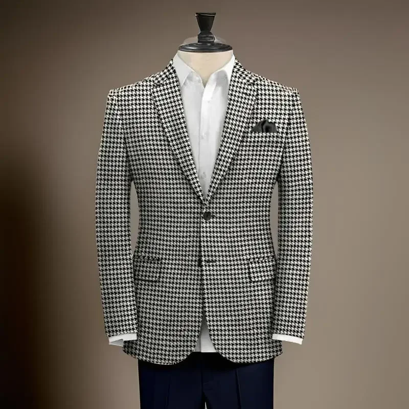 1 Piece Plaid Business Suit Jacket for Men Notch Lapel Houndstooth Male Blazer Slim Fit American Style Wedding Suit