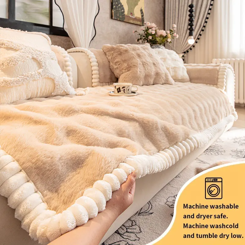 1PC-Winter Kaninchen Plüsch dickes warmes Sofakissen, einfaches modernes Kissen, rutschfestes Sofakissen im cremefarbenen Stil