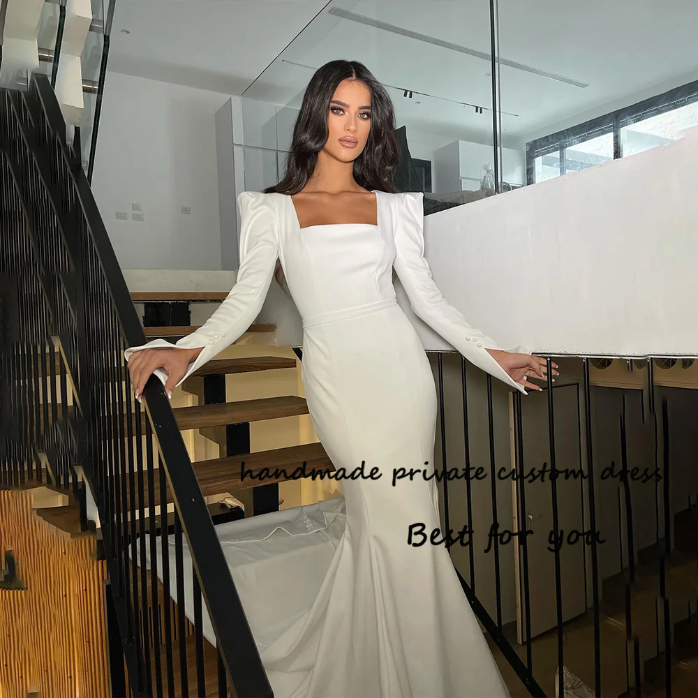 

Simple White Satin Mermaid Wedding Dresses Split Long Sleeve Square Neck Elegant Bride Dress Civil Wedding Bridesmaid Gowns