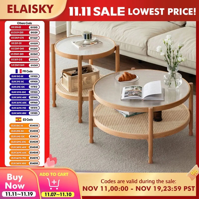 

Rustic Round Coffee Table with Glass and Rattan Storage Modern Home Center Table with Solid Wood Frame Living Room Side Tables