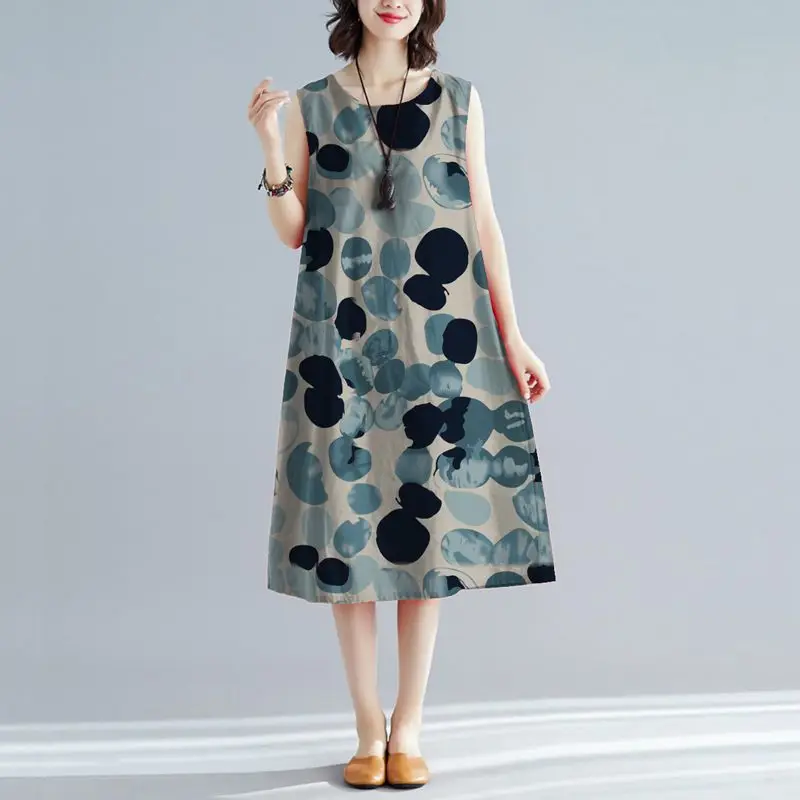 

Women's Sleeveless Polka Dot Print Midi Dress Loose Fit Casual Linen Style A Line Dress