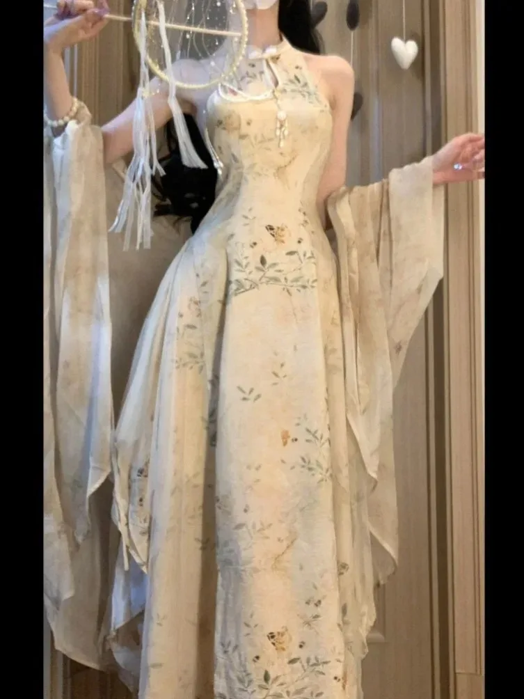 Summer Chinese Style Stand Collar Slim Waist Vest Dress+ Long Sleeve Loose New Sun Protection Cardigan 2024 Two Piece Sets
