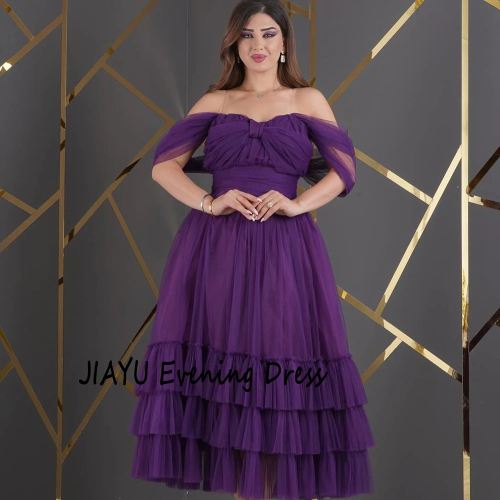 Customized Purple Tulle Off the Shoulder Evening Dress Ruched Ruffles A-line Party Dresse Backless Draped Tea-Length Prom Gown