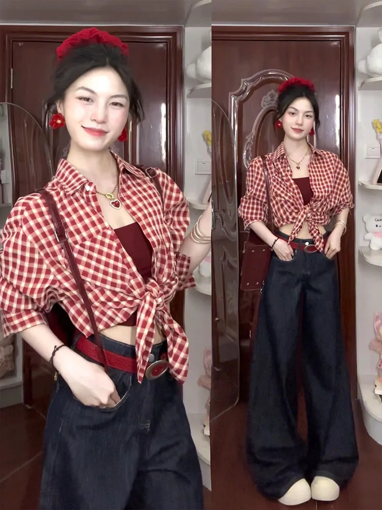 

American Contrast Color Sweet And Spicy Plaid Long Sve Women's irt Summer New Collar Loose Slimming Sun Protection ...