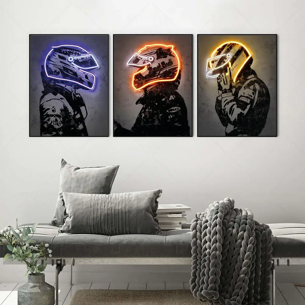 Formula 1 Racing Driver With Neon Helmet Wall Art Canvas Painting Print Motorcycle Racing F1 Poster Sport Picture Home Bar Decor