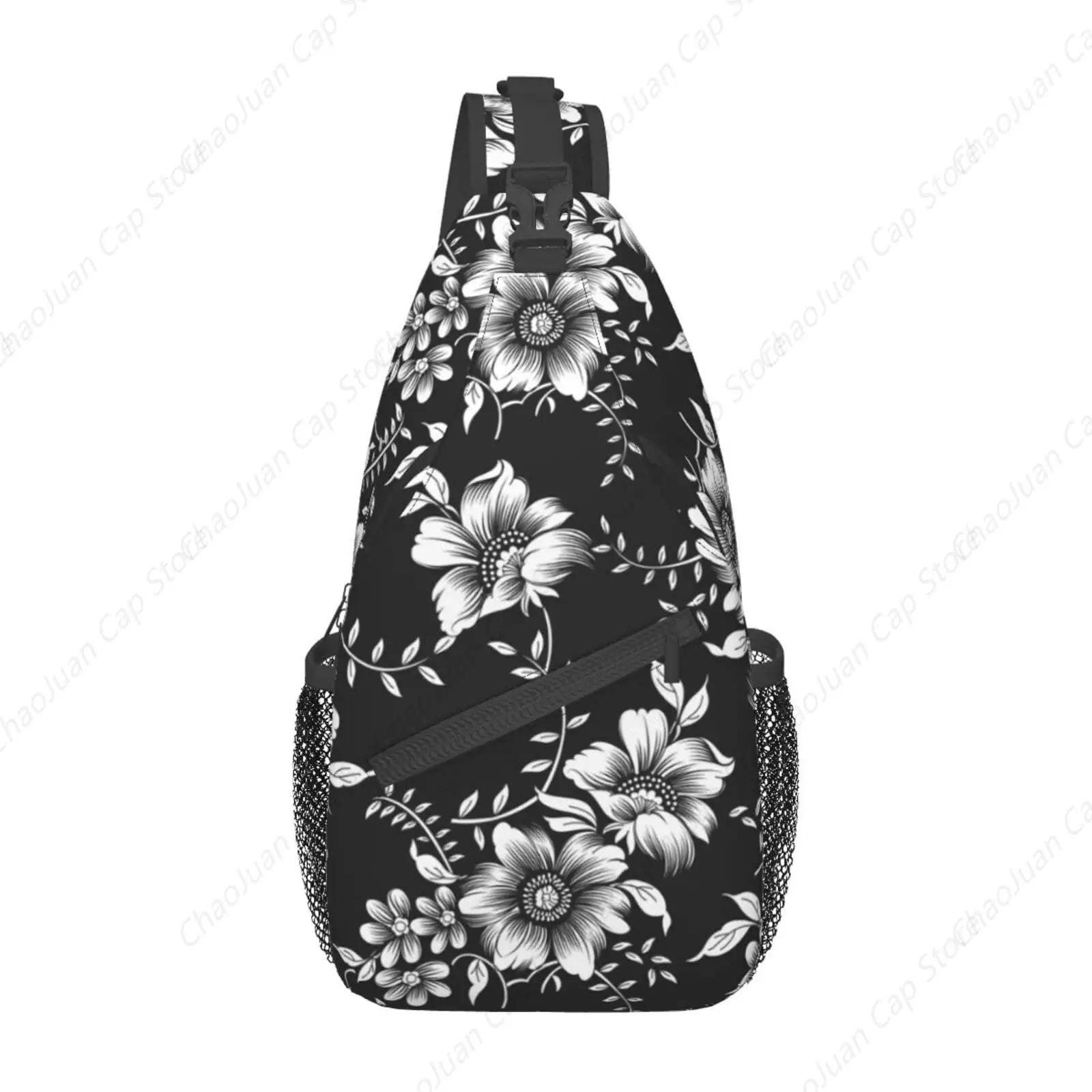 

Сумка-слинг с черными и белыми цветами | Абстрактный монохромный рюкзак через плечо с цветочными тропическими листьями | Ботаническое Иллюстрация Путешествие