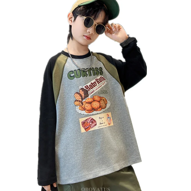 

Korean Boys Long Sleeve Patchwork T-shirt New Spring Kids Cotton Tshirt Outerwear Cool Child Streetwear Outfit Tee Tops Age 5-14