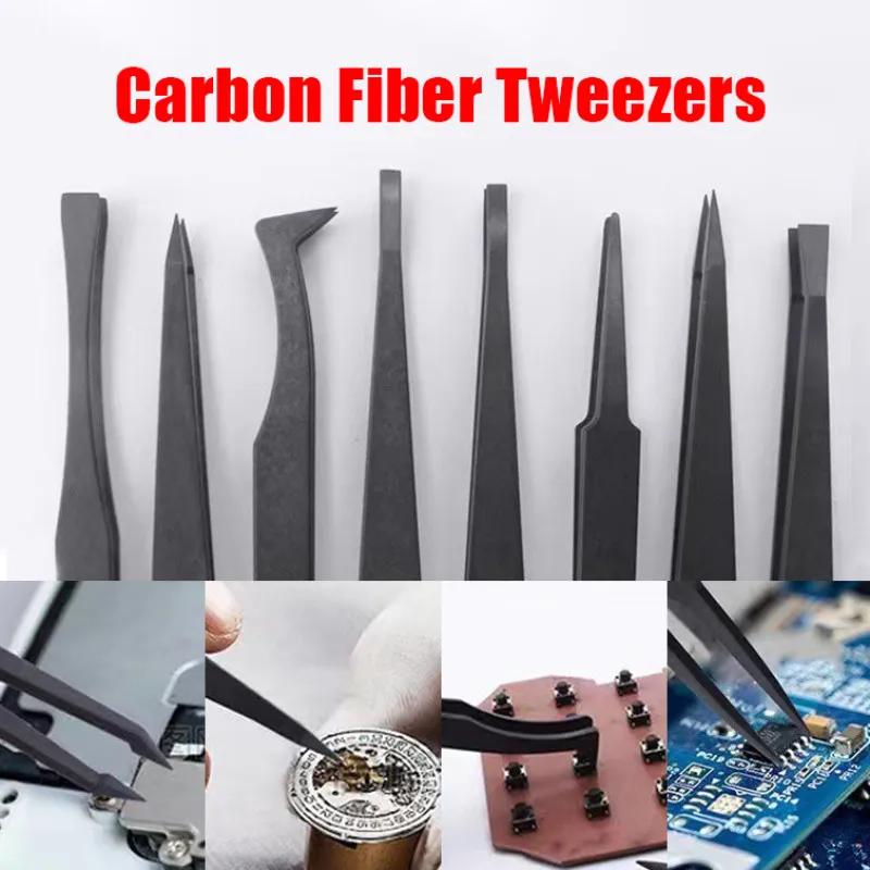 Carbon Fiber Tweezers Antistatic Heat Resistant Watch Repair Tweezers Tool for Watchmaker Black 8 Type Multifunctional Tool Part