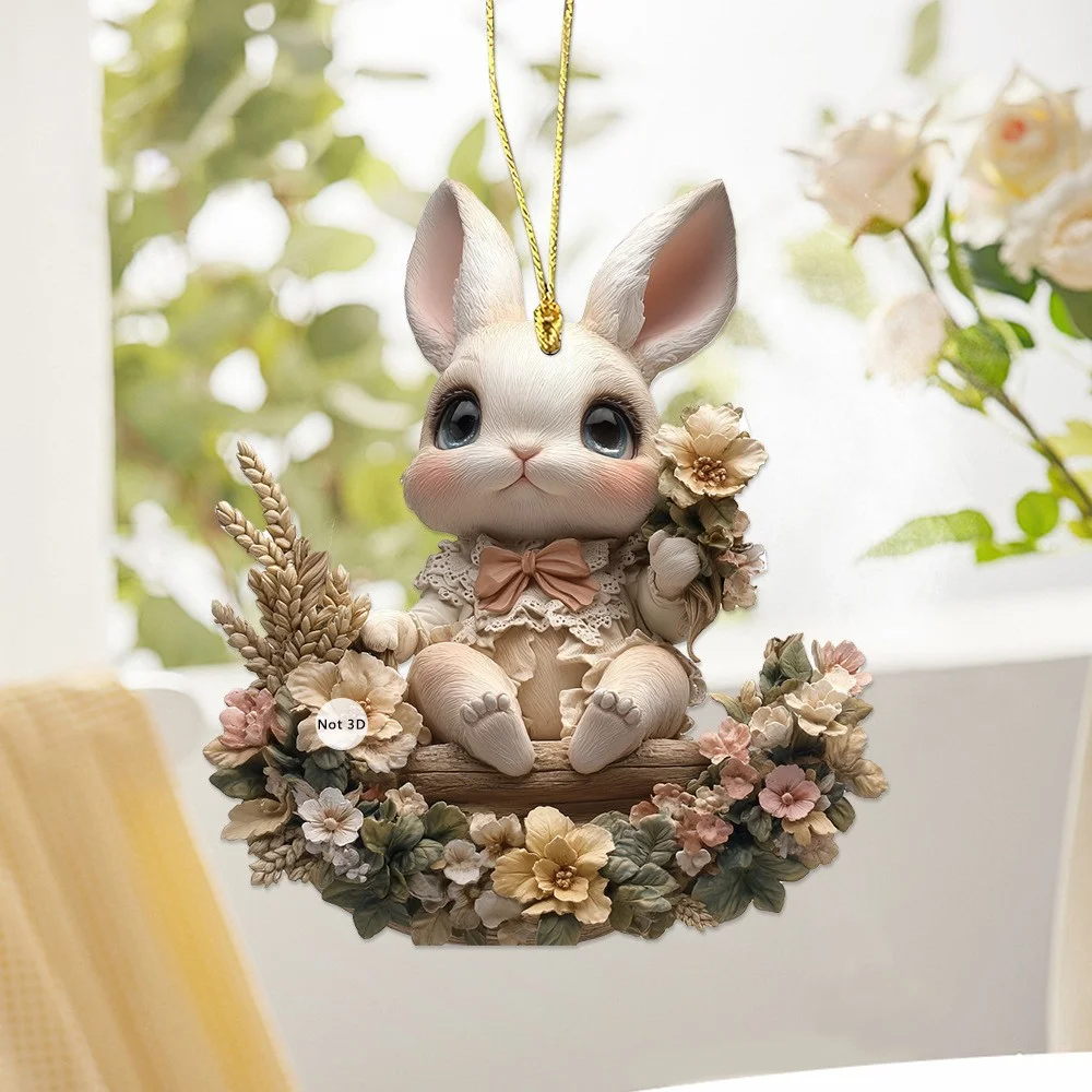 

1 piece cute bunny acrylic car pendant flat interior rearview mirror decoration backpack hanging decoration