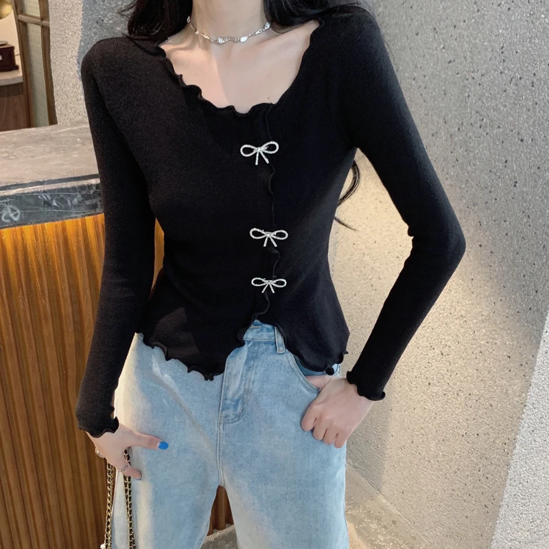 2023 Autumn Winter Clothes Bow V Neck Sweater Women Basic Slim Pullover Korean Fashion Sweaters Pullovers Knit Jumper Ladies Top