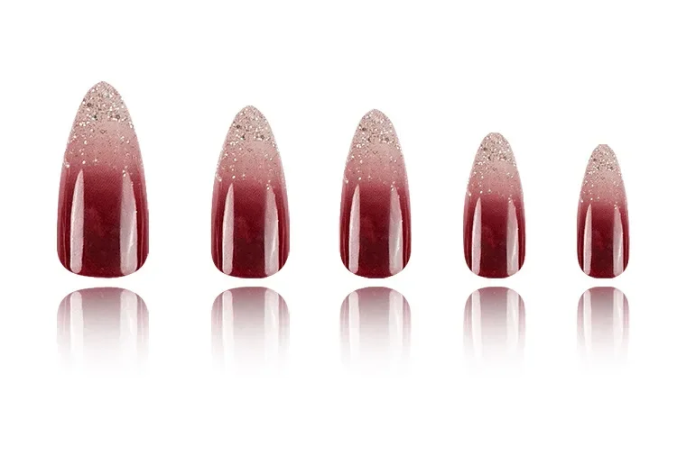 

2026 New Simple Deep Red Gradient Gold Glitter Wear Nails 24 Pieces White Almond Fake Nails Retro Style Manicure