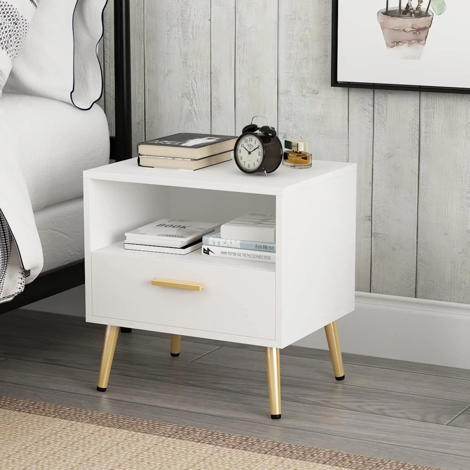 

Modern Nightstand With Drawer And Open Shelf, Bedside Table End Side Table With Gold Metal Legs For Bedroom, Living Room, White