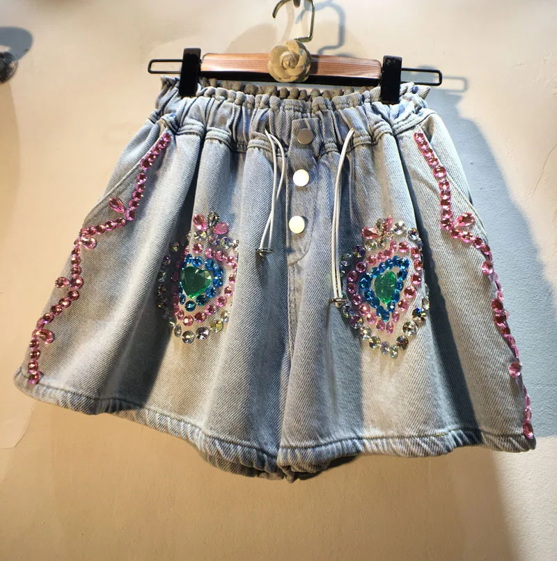 

Europe Fashion 2023 New Summer Loves Water Drill Beading High Waist Wide Leg Pants All-match Casual A-line Women Denim Shorts