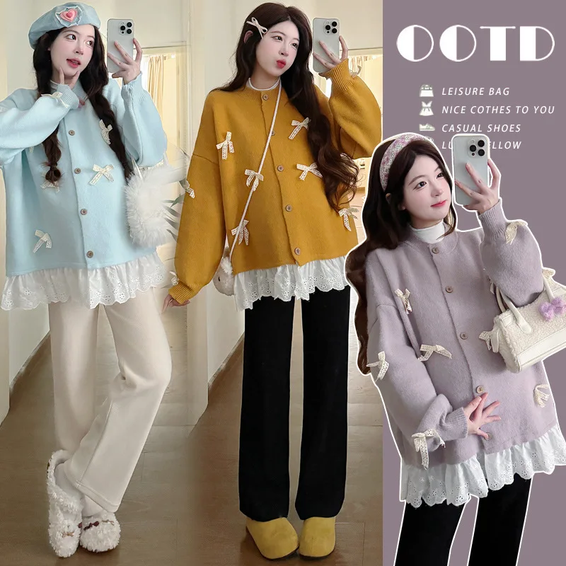 Maternity New Arrival Autumn Sweet Cute Bow Knitted Cardigan Single Breasted Crew Neck Patchwork Hem For Pregnant Women
