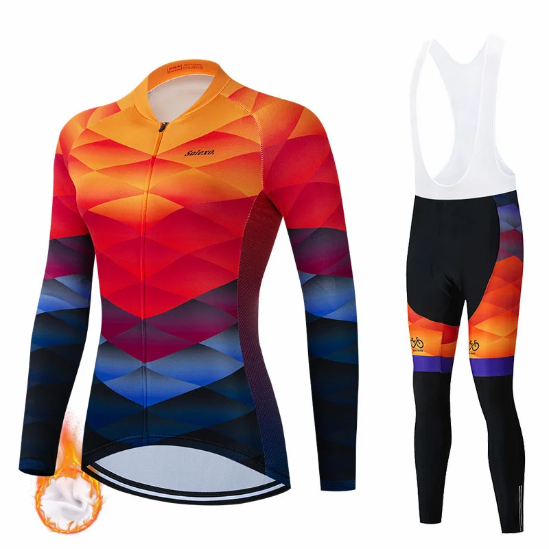 2023 Women Winter Thermal Fleece Sport Cycling Jersey MTB Bicycle Clothing Warm Long Sleeve Triathlon Mountain Bike Bib Pant Set