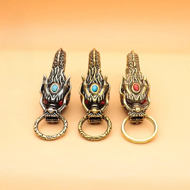 

Pure Brass Red Eyes Dragon Head Keyrings Zodiac Dragon Keychain Men Waist Buckle Car Key Chain Pendant Charms Vintage Jewelry