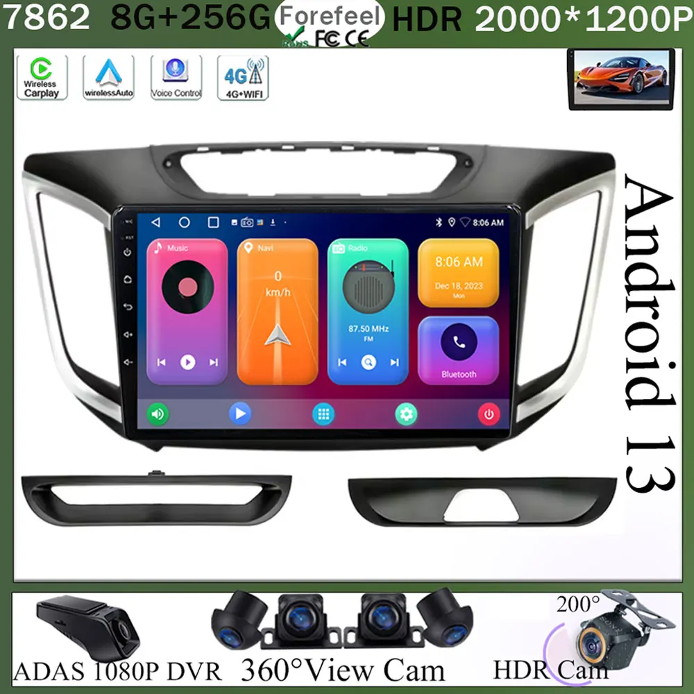 

For Hyundai Creta ix25 2015-2019 Android 13 Multimedia Car GPS Player Navigation Radio Stereo 5G CPU BT NO 2DIN DVD WIFI HDR