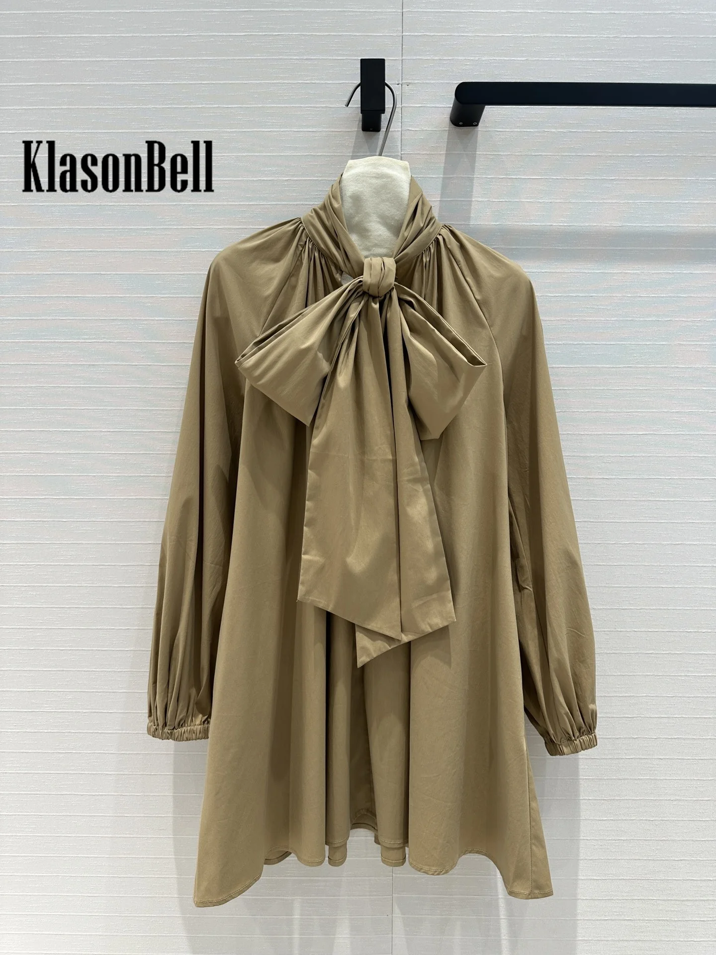 8.23 KlasonBell Women Clothes Fashion Ruched Ribbon Bow Shirt Dress Puff Sleeve Elastic Cuff Loose Commuter A-Line Mini Dress