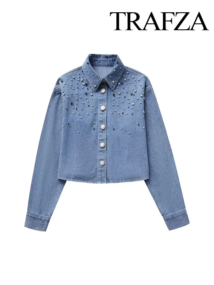 

TRAFZA Autumn Women's Retro Shirt Fashion Denim Short Rhinestone Shirt Long Sleeve Pearl Button Casual Shirt Women's Short Top