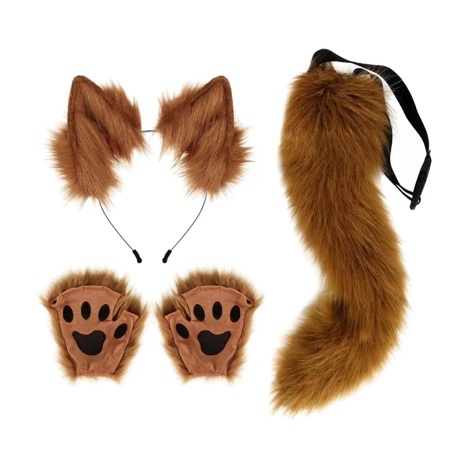 Creature Ears Headband and Tail Set with Paw Gloves Halloween Faux Hair Animal Costume Accessory Ensemble Soft for Cosplayers,
