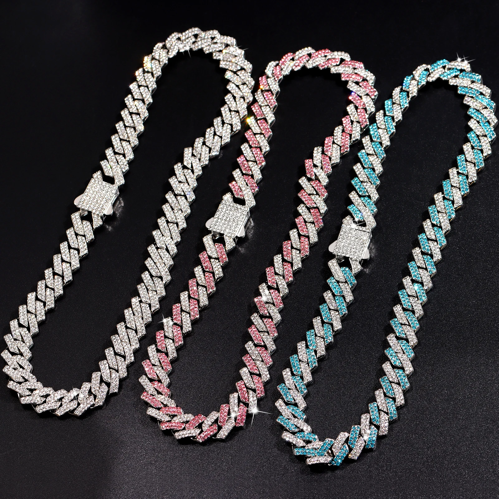 

14MM Multicolor Pink Blue Iced Out Crystal Prong Cuban Chain Necklace For Women Men Bling Paved Rhinestonehip Hip Hop Jewelry