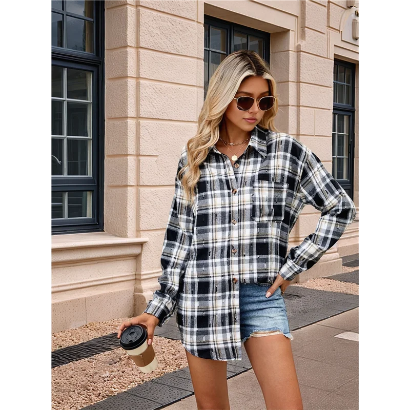 

【SEE】Women's Button Down Flannel Shirts Plaid Shacket Long Sleeve Collared Business Casual Tops Work Blouses