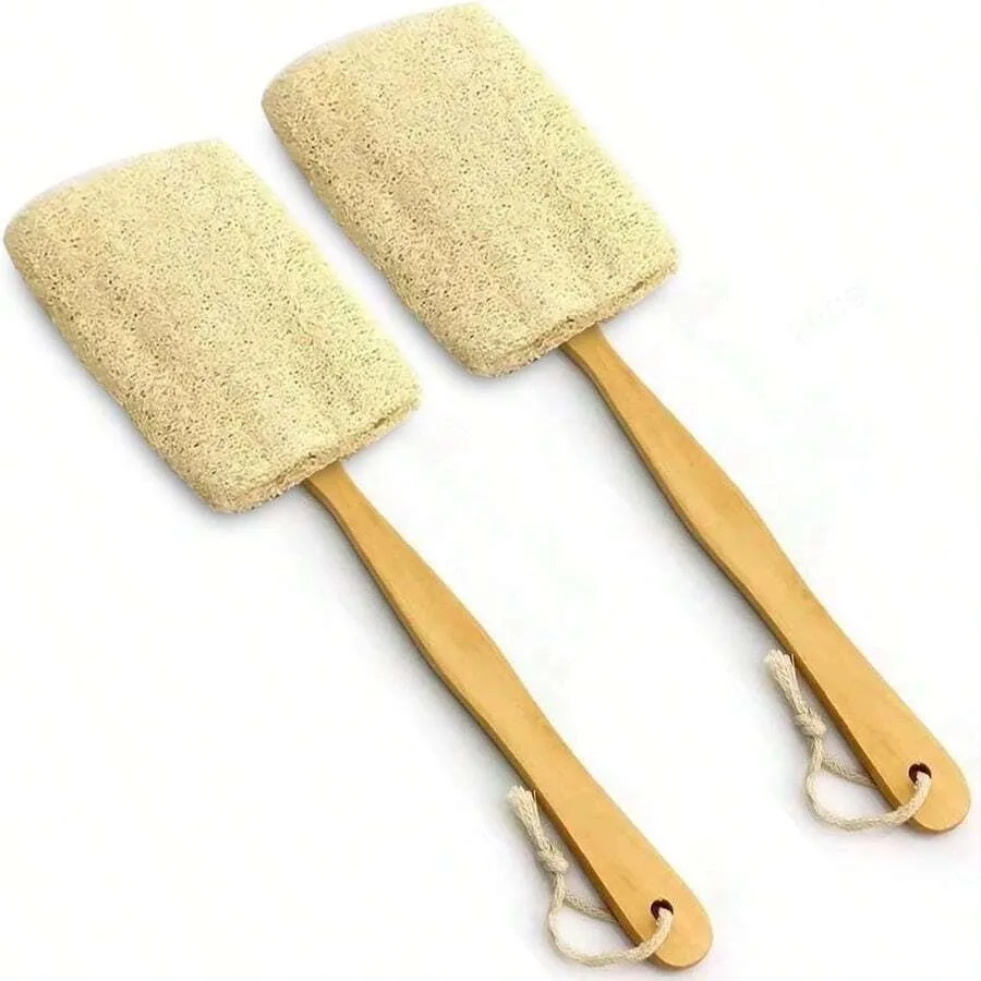 

【New style】2 Pack Natural Exfoliating Loofah Luffa Loofa Bath Brush On A Stick, Shower Sponge With Long Wooden Handle Men Women