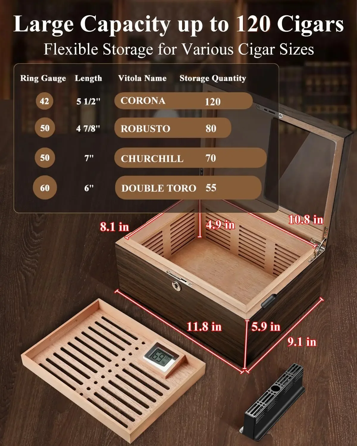 Cigar Humidor Box with Ventilation Grid - Holds up to 120 Cigars, Spanish Cedar Lining, Magnetic Dividers, Custom Gel