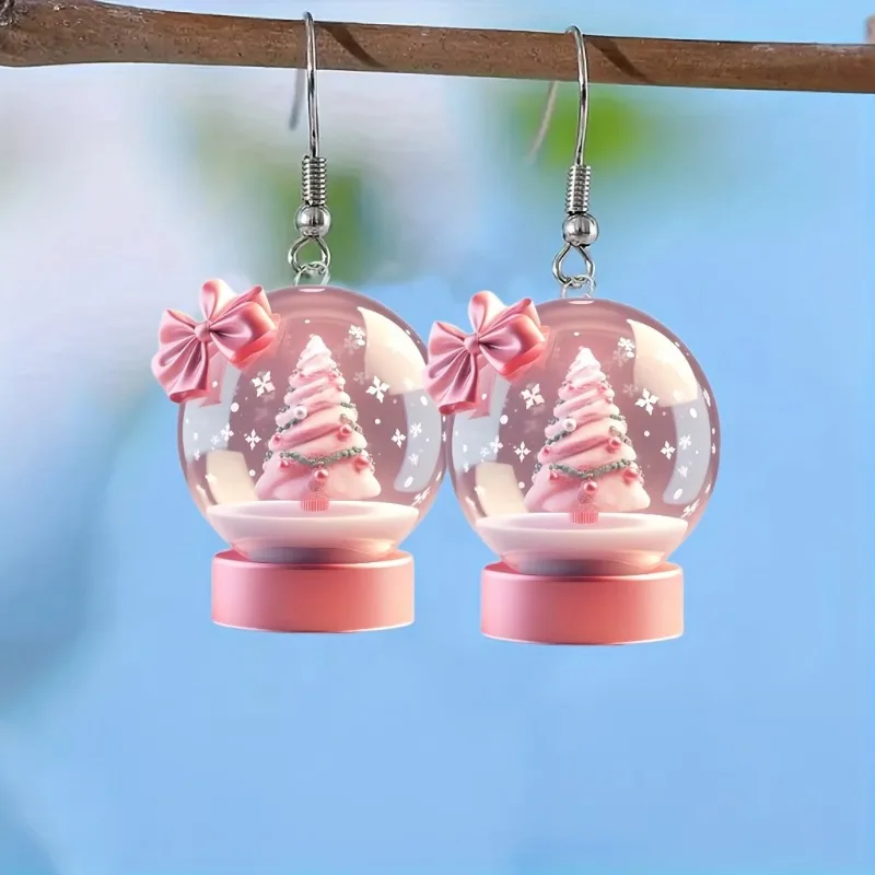 Popular Acrylic Christmas Snowball Cake Tree Earrings with Pink Bow Christmas Fashion Accessories 2024