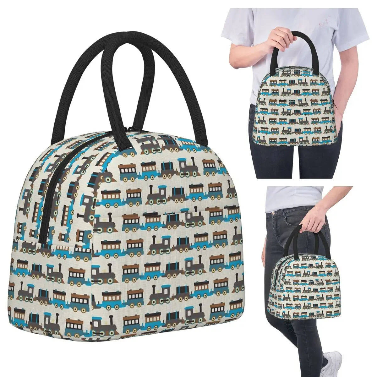 

Blue And Brown Wooden Toy Train Lunch Bags Insulated Bento Box Portable Lunch Tote Resuable Picnic Bags Cooler Bag for Woman