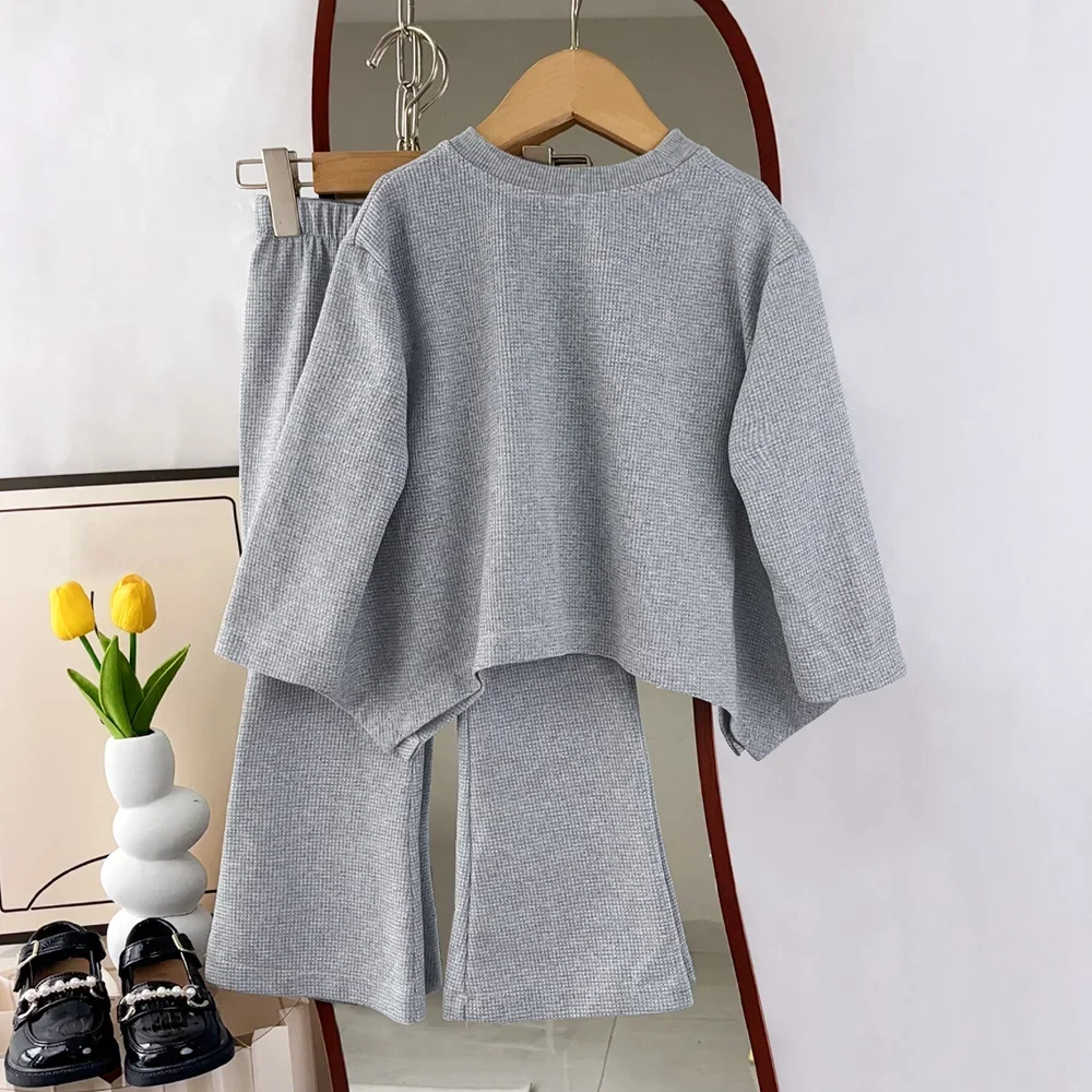 Korean Solid Color Casual Children's Clothing Autumn Long Sleeved Top+Pants 2-piece Set Gray Kids Clothes Girl Sportswear