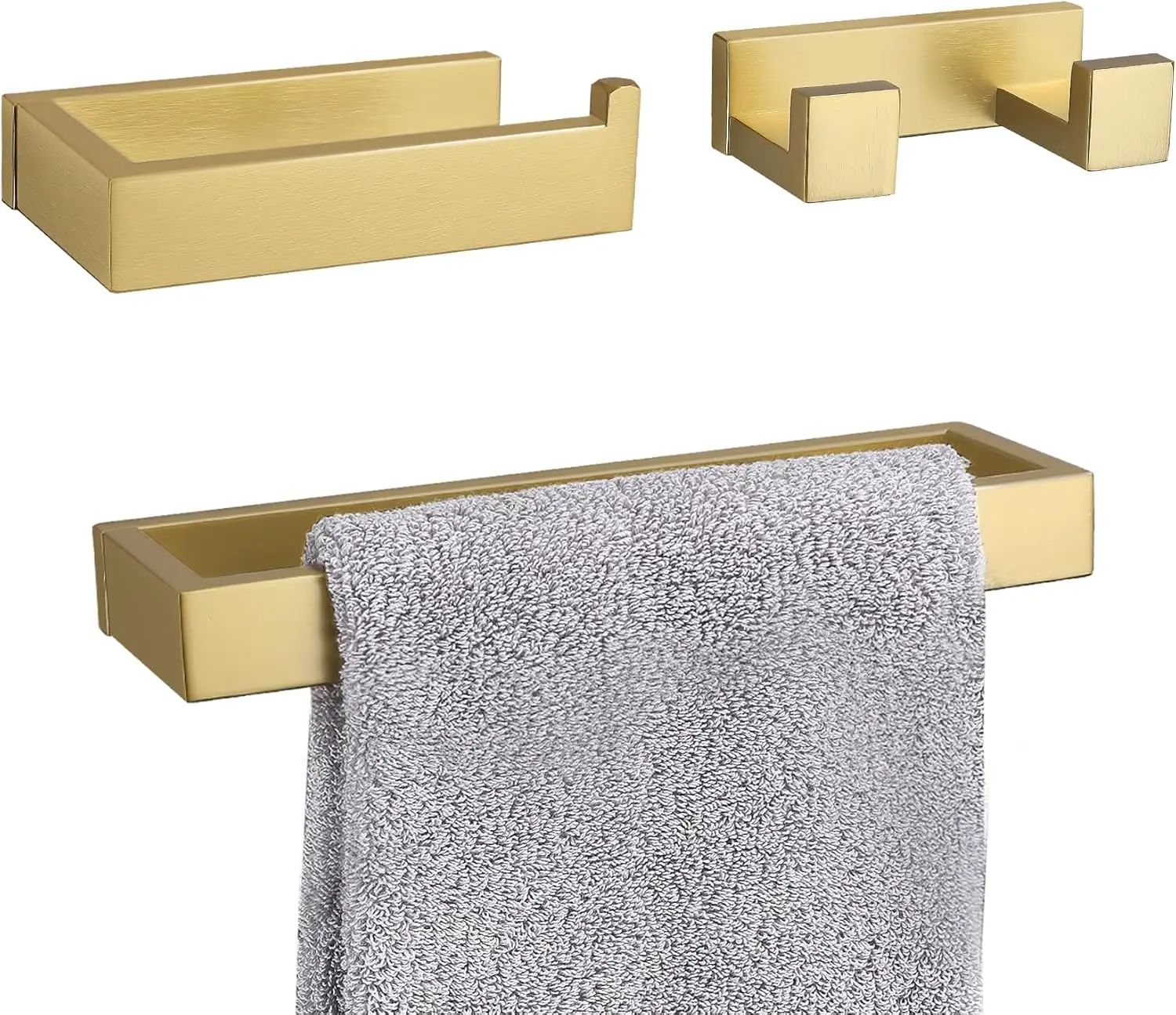 

3-Piece Brushed Gold Bathroom Hardware Set with Towel Holder, Robe Hook, Toilet Paper Holder for Wall Mount