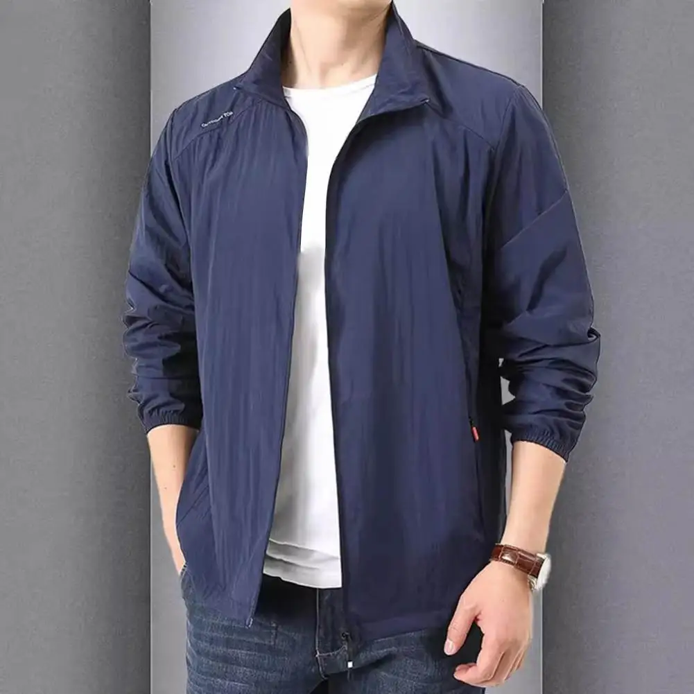 Men Breathable Jacket Men's Quick Drying Breathable Outdoor Fishing Jacket with Stand Collar Long Sleeves Zipper for Active