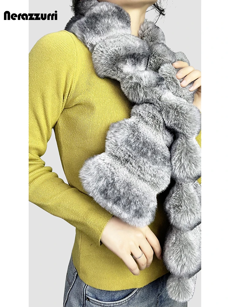 Nerazzurri Winter Fluffy Thick Warm Soft Colorful Stripped Faux Chinchilla Fur Scarf Women New 2024 Arrival Chic Fabulous Shawl