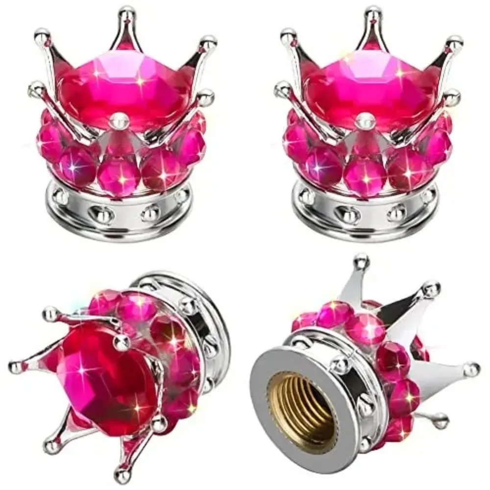 4PCS Crown Diamond Tire Valve Stem Caps Chrome Crown Copper Core Car Wheel Tire Valve Caps Colorful Handmade Crystal Rhinestone