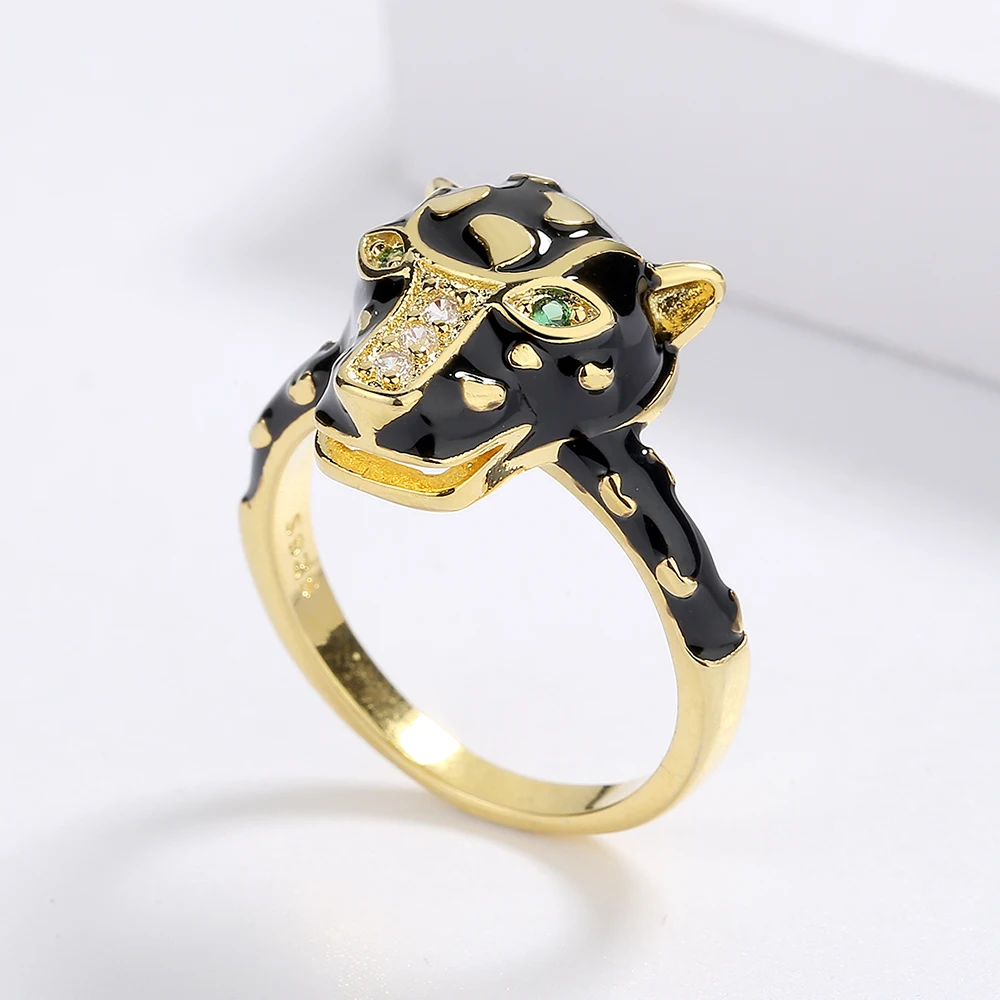 925 Silver Plated Rings for Women Animal Black Leopard Panther Ring Fine Jewelry Zircon Ring Hand-enamelled Jeweled Ring for Men