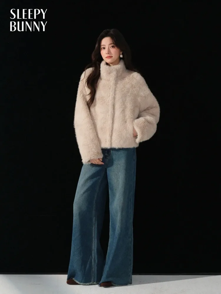 

Women Cozy Plush Stand Collar Short Coat Lady Winter Warm Soft Textured Jacket Elegant Casual Daily Commuter Outerwear Style