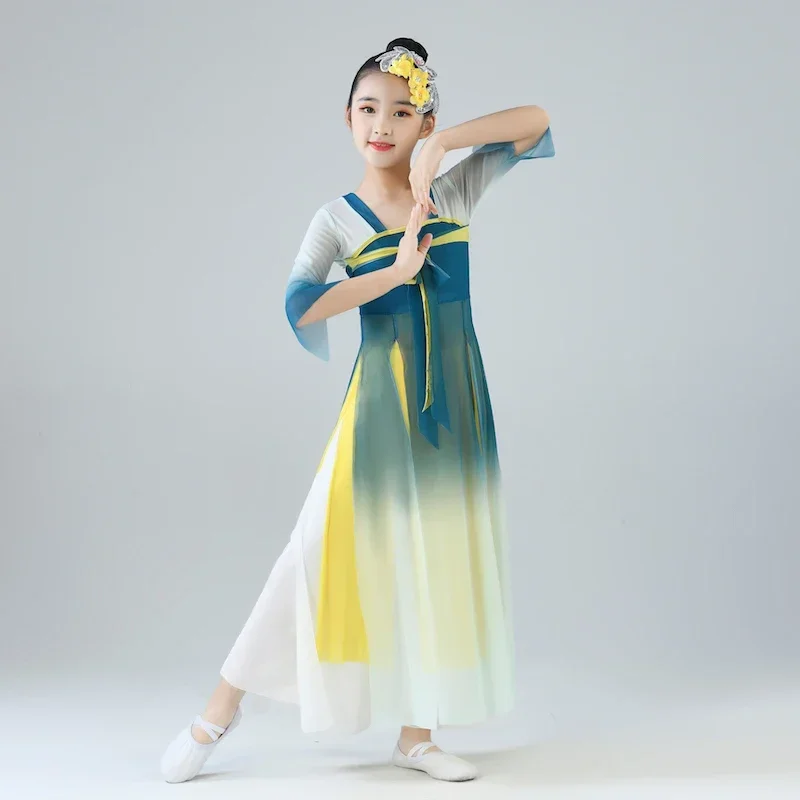 Hanfu kostum Tiongkok untuk anak-anak, kostum panggung klasik, payung tari etnik perempuan Yangko, pakaian fan dance