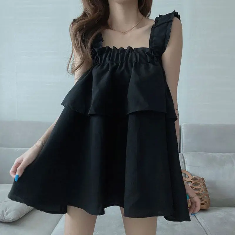 

Simplicity All-match Patchwork Sexy Blouse Summer Ruffles Sleeveless Loose Solid Fashion Shirt Tops Elegant Korean Women Clothes