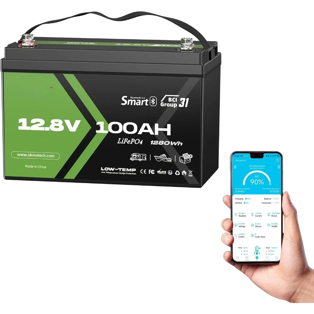 

12V 100Ah LiFePO4 Lithium Battery with Bluetooth, Group 31, Built-in 100A BMS,15000+ Deep Cycles, Lightweight Rechargeable