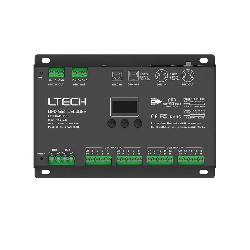 LTECH 16 Channel Led DMX Decoder DC12V 24V Input;3A 16CH 4A 12CH 48A Output 12/16 Channel DMX512 RDM Slave OLED Screen Display