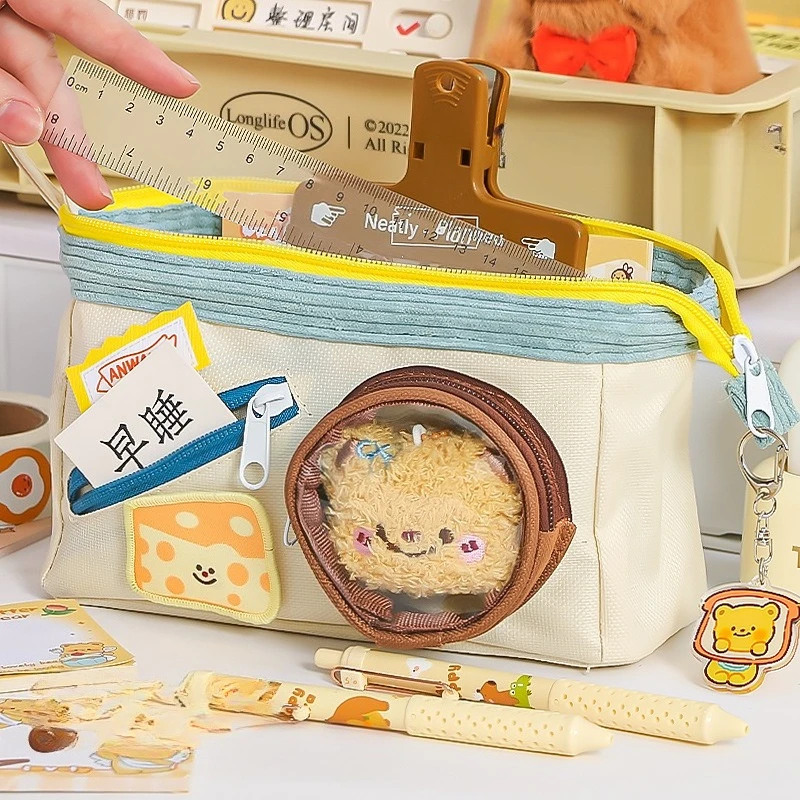 Canvas Pencil Case with Transparent Window Large Capacity Pen Bag Cartoon Cheese Pizza Patch Student Stationery Pouch