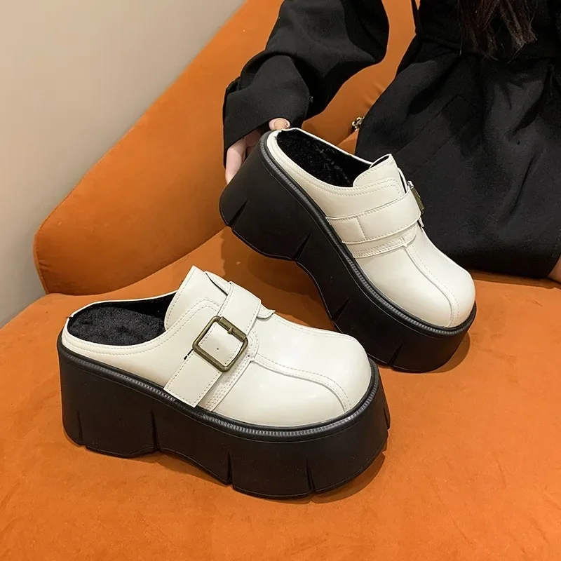 Fashion 8cm Winter Warm Women Zandalias De Mujer Females Buckle Platform Slippers Wedge Flat Sandals Slides Shoes student-shoes