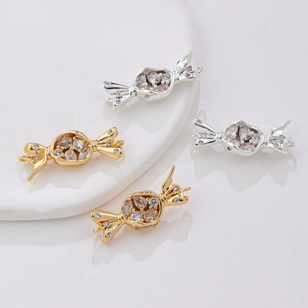 Genuine Gold Plated Brass Double Loop Candy Pendant with Zircon Inlay, DIY Bracelet Necklace Charms（2pcs）