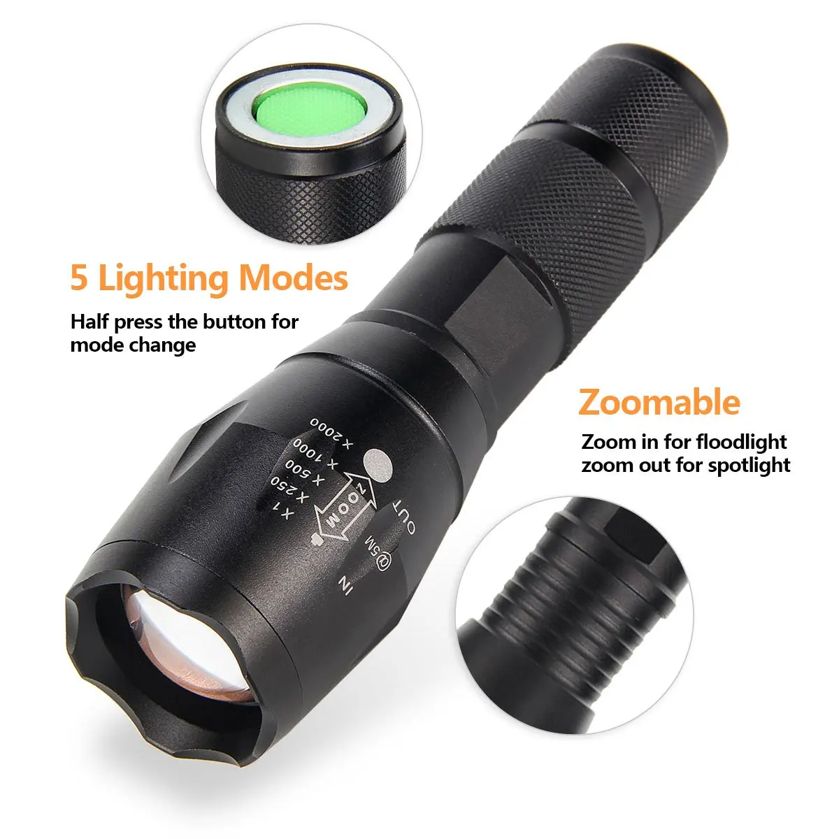 UltraFire A100 Ultra Bright Zoomable Tri-Color Flashlight Green/Red/White Light Waterproof 5 Lighting Mode Camping Hunting Torch