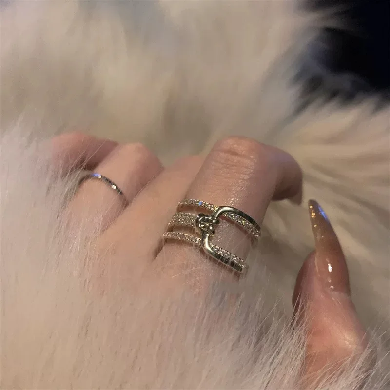 ZAKOL Fashion Double Layers Zircon Rings for Women Gold Color Plated Open Stainless Steel Ring Estetyczna biżuteria ślubna na imprezę — zdjęcie 6