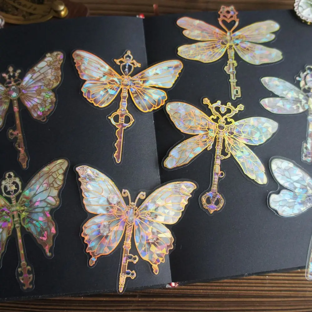 10 Pcs Laser Diamond Pattern Butterfly Dragonfly Wing Key Style PVC Sticker Scrapbooking DIY Gift Decoration Tag