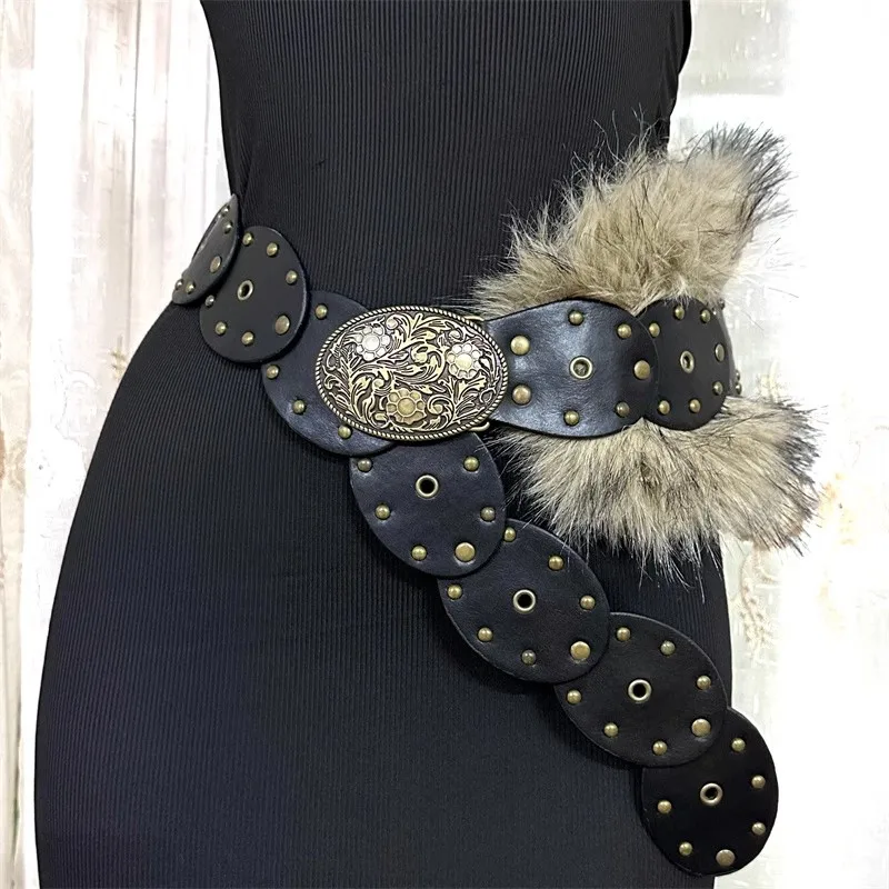 

Women's Fashion Faux Fur Patchwork Rivet PU Leather Corset Female Cummerbund Coat Waistband Dress Decration Wide Belt J1332